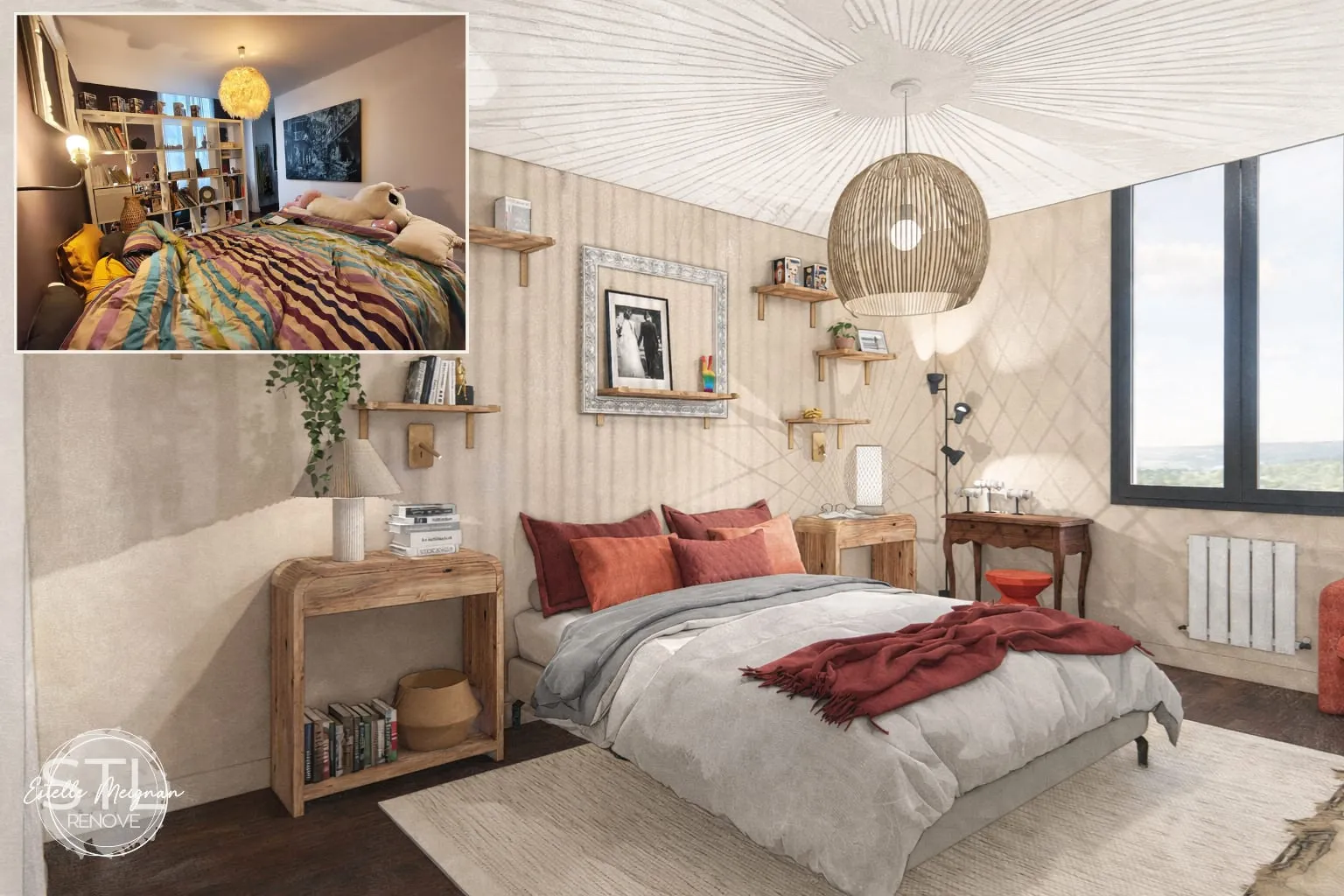 Modélisation 3D d'une chambre adulte tons beige et bois clair avec tête de lit bois naturel et luminaires de chevet suspendus