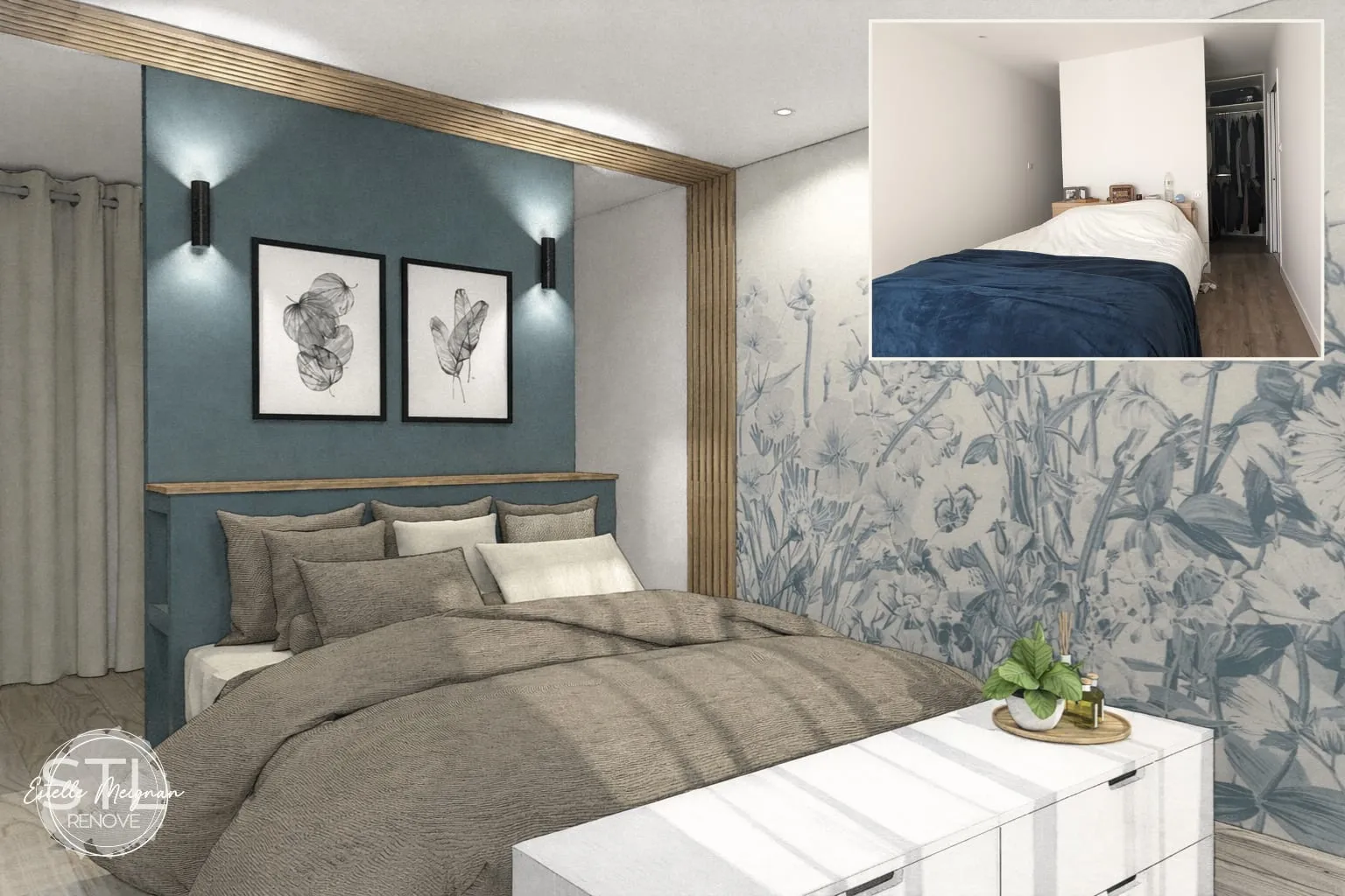 Modélisation 3D d'une chambre adulte bleu canard avec papier peint fleuri botanique