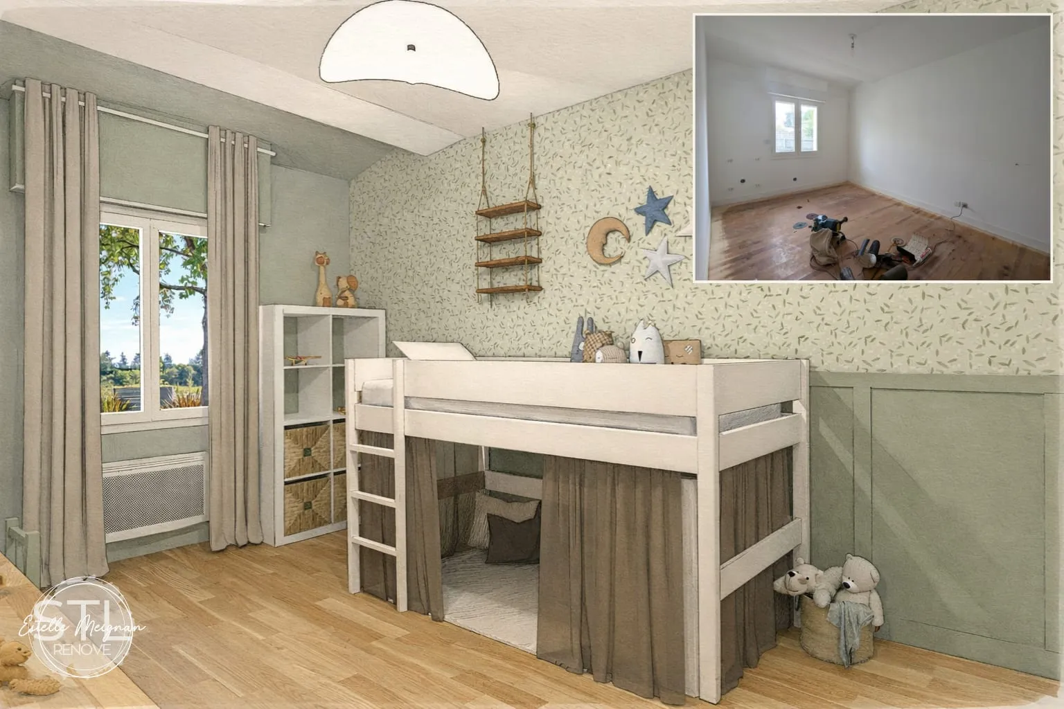 Modélisation 3D d'une chambre enfant vert sauge avec lit mezzanine et papier peint nature