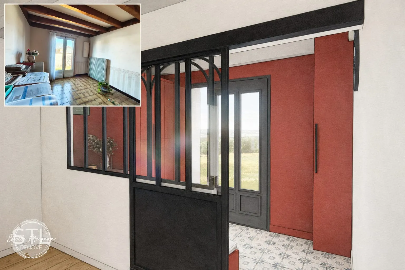 Modélisation 3D d'une entrée avec verrière intérieure, sol en tomettes terracotta et console bois naturel