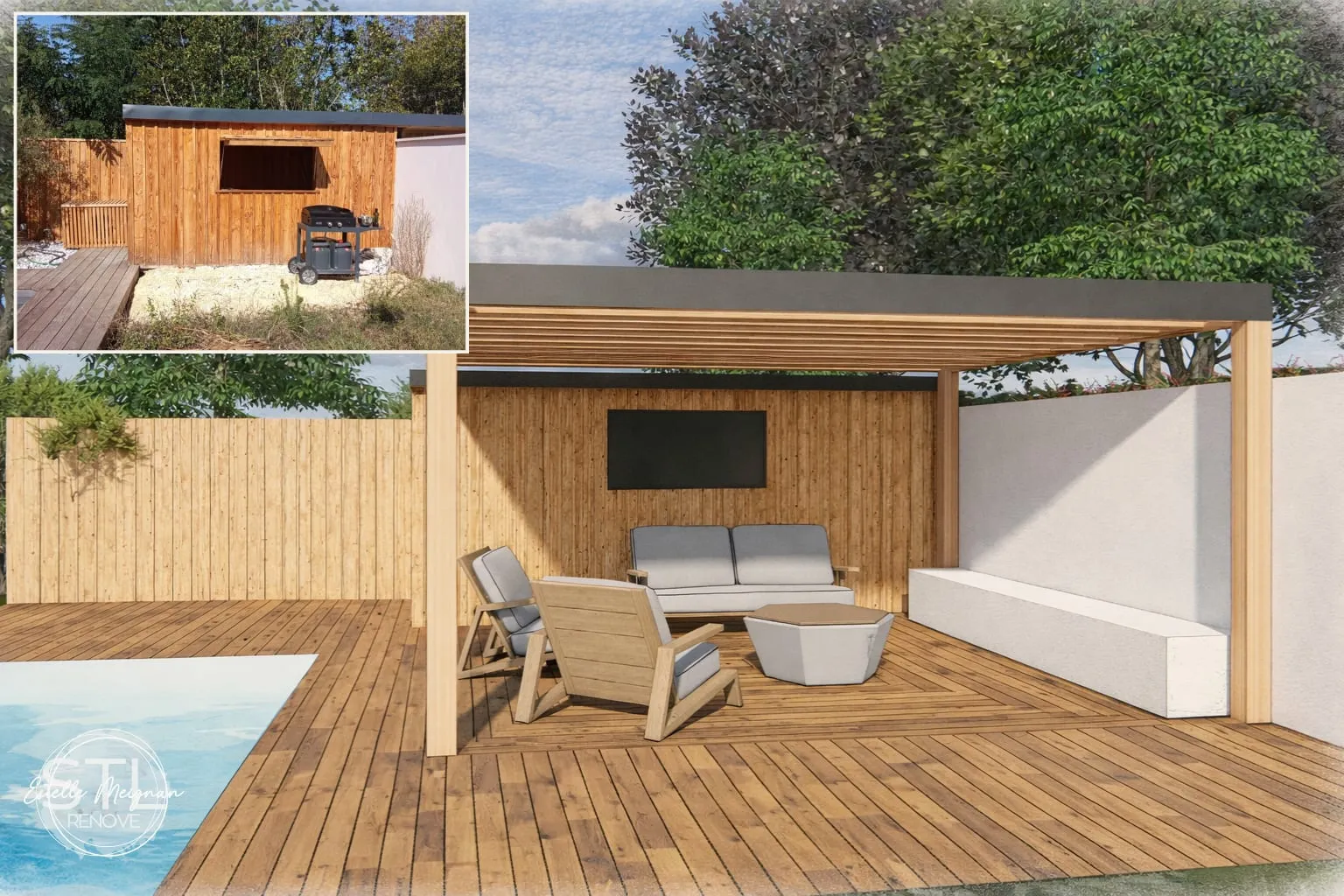Modélisation 3D d'un poolhouse avec pergola bois, table de repas extérieure et voilage blanc