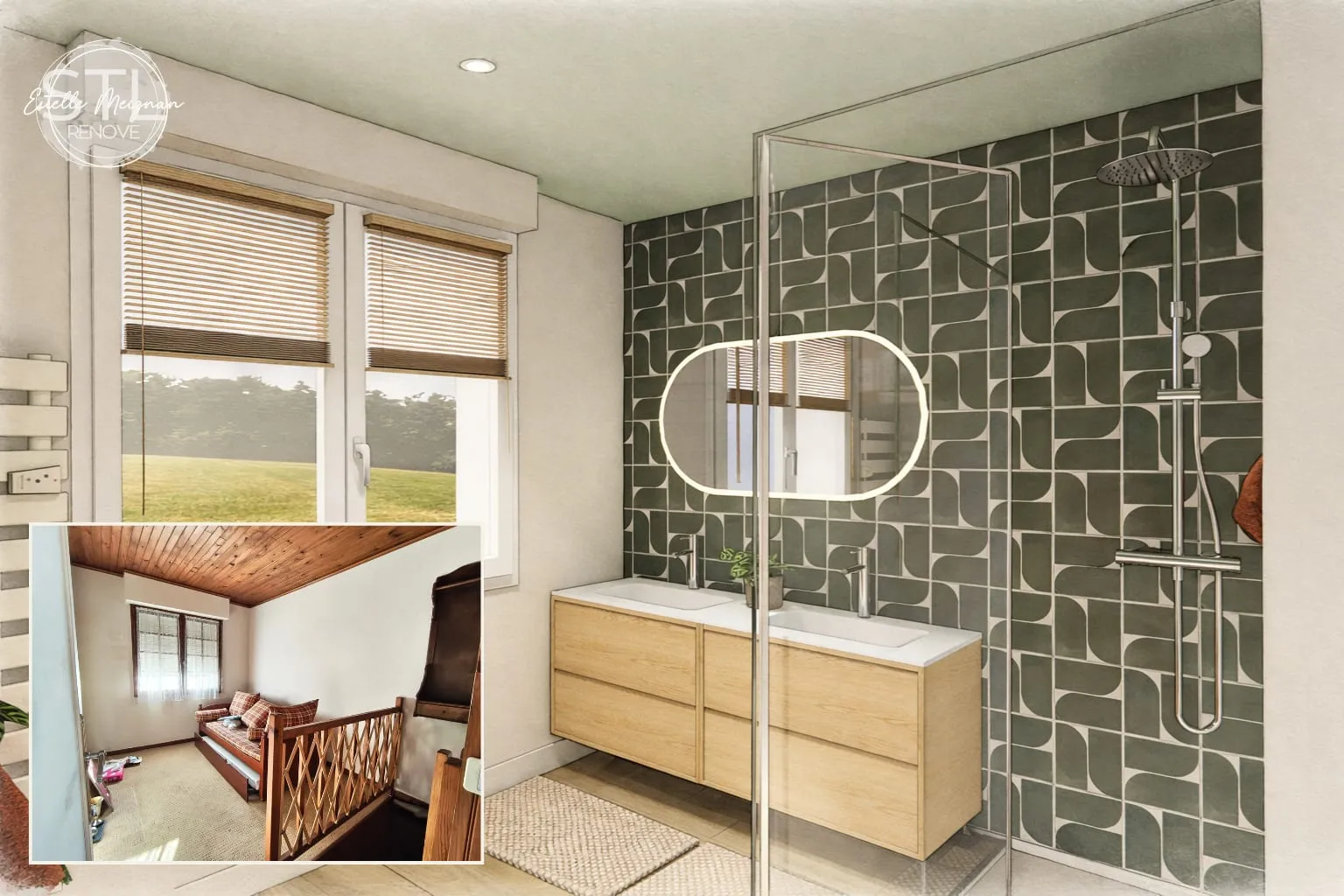 Modélisation 3D d'une salle de bain avec carrelage vert sauge géométrique et meuble vasque bois