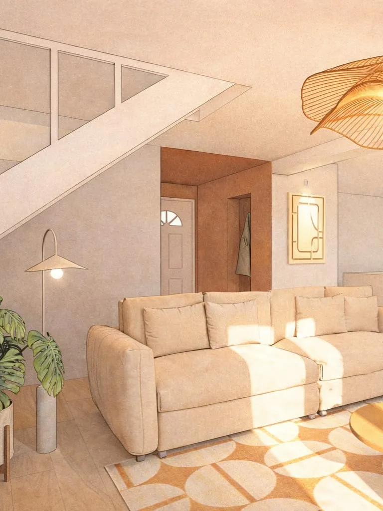 Modélisation 3D d'un salon chaleureux tons sable avec canapé beige, luminaire osier et escalier, réalisée par STLrenove