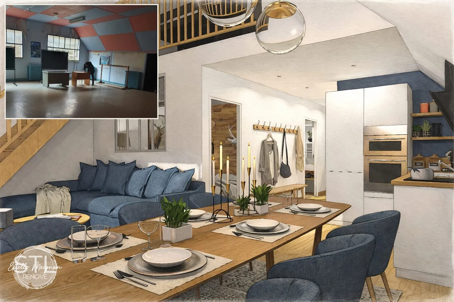 Modélisation 3D d'un salon loft en bleu marine avec mezzanine et salle à manger ouverte