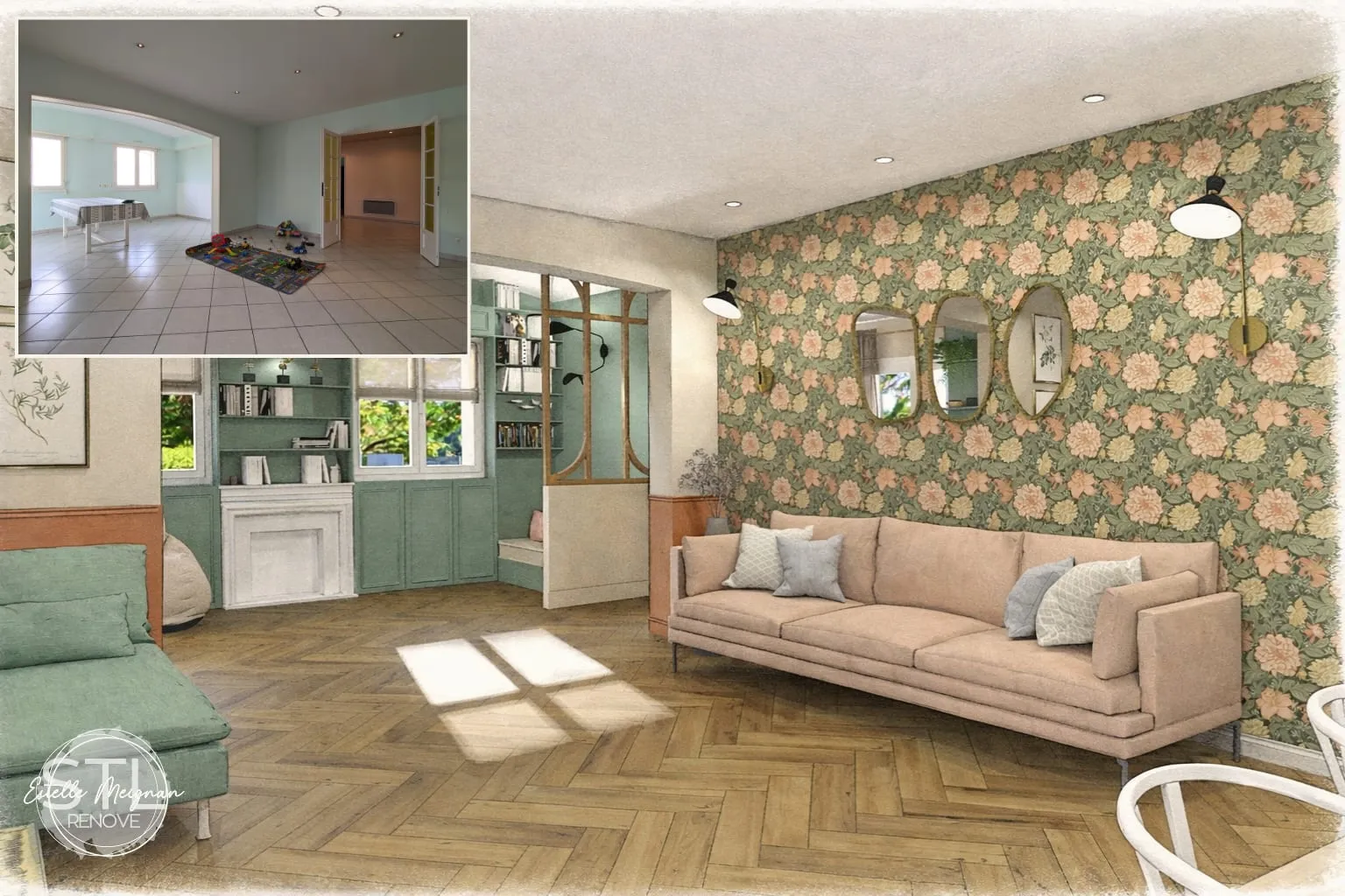 Modélisation 3D d'un salon aux tons vert sauge avec canapé velours, papier peint fleuri et parquet bois clair
