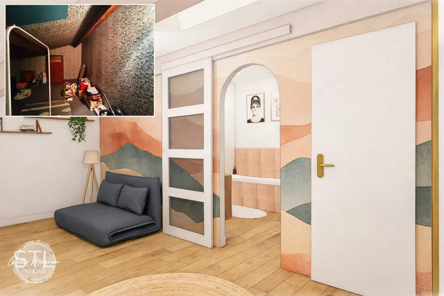 Modélisation 3D d'une suite parentale avec fresque murale botanique, lit en bois naturel et linge de lit blanc et lin