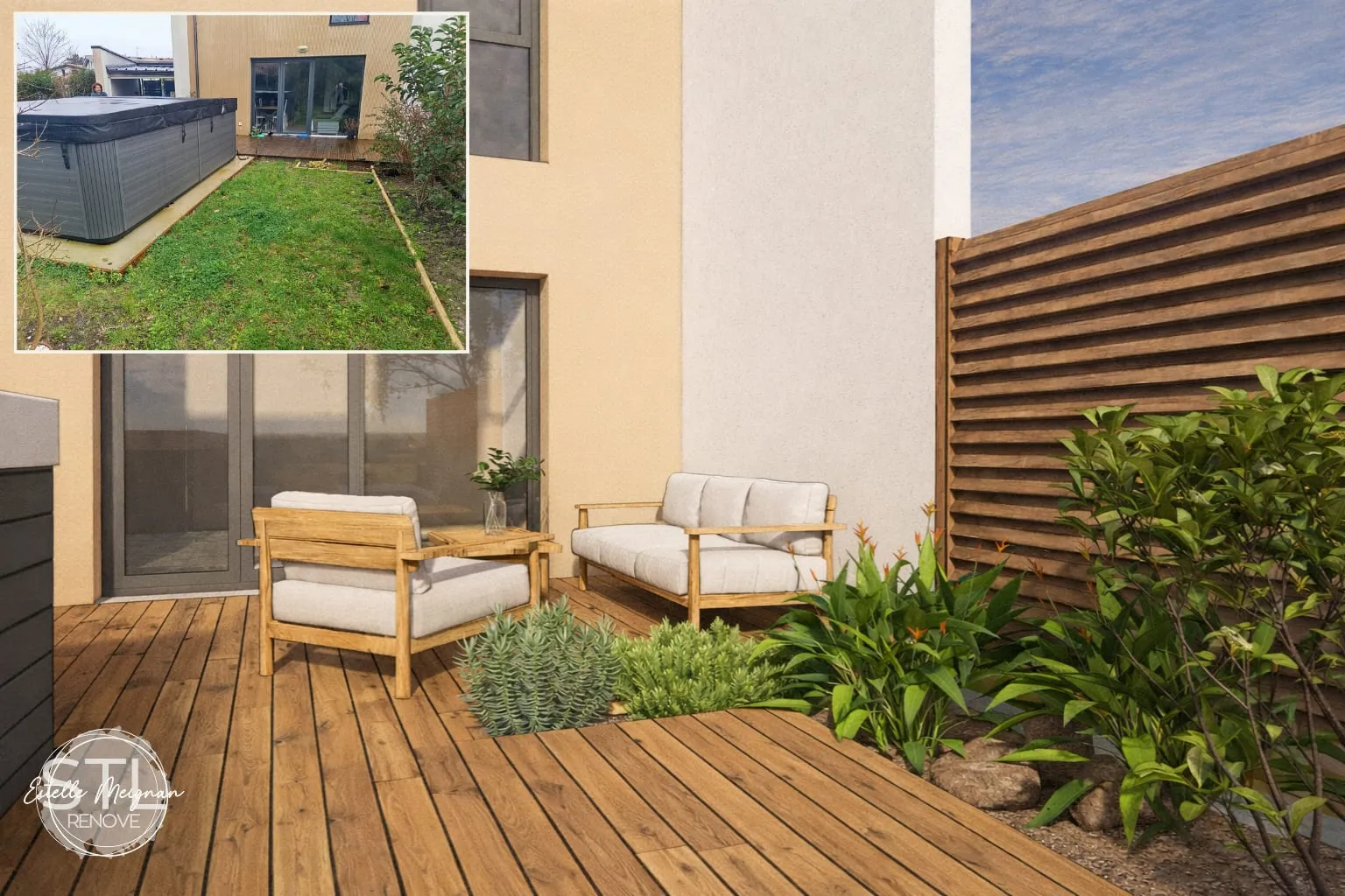 Modélisation 3D d'une terrasse avec salon de jardin en rotin et bambou, plantes vertes et dalles extérieures
