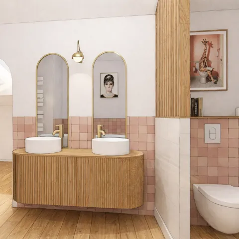 Visuel 3D d'une salle de bain avec double vasque sur meuble bois cannelé, zellige rose et miroirs arqués dorés, conçu par Estelle Meignan STLrenove.