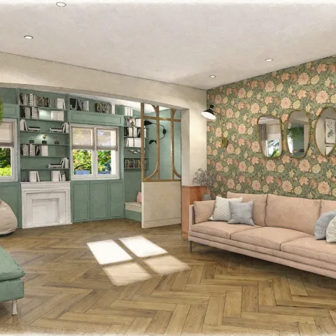 Visuel 3D d'un salon au style romantique avec canapé rose poudré, papier peint floral et bibliothèques vert sauge, réalisé par Estelle Meignan STLrenove.