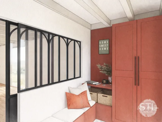 Visuel 3D d'un vestibule avec banquette blanche, verrière noire et armoire terracotta, conçu par Estelle Meignan décoratrice d'intérieur.