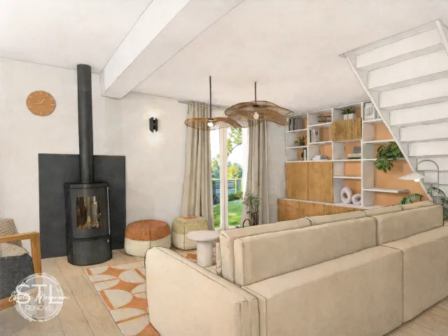 Visuel 3D d'un salon chaleureux avec poêle à bois noir, canapé beige et bibliothèque en bois, conçu par Estelle Meignan décoratrice d'intérieur au Pian-Médoc.