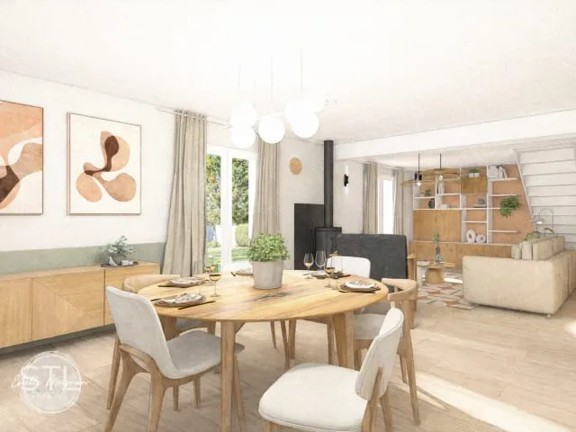Visuel 3D d'une salle à manger et salon ouverts aux tons naturels, avec table ronde en bois et poêle à bois noir, réalisé par Estelle Meignan STLrenove.