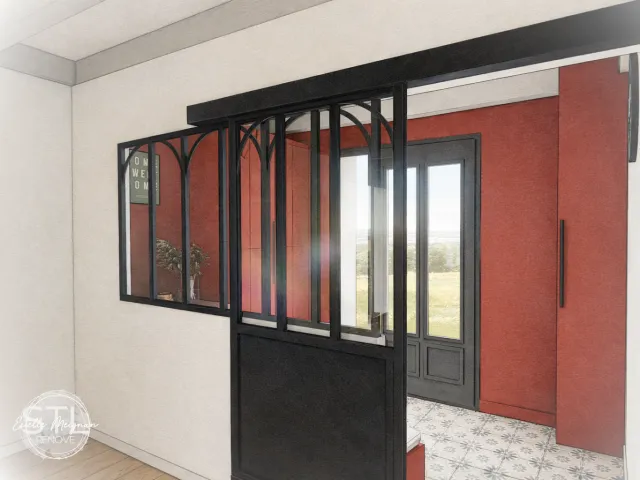 Visuel 3D d'une entrée avec verrière coulissante noire, mur terracotta et carrelage à motifs.