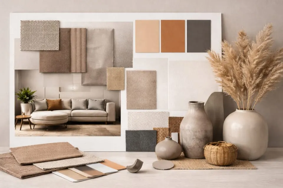 Moodboard de direction artistique avec échantillons de tissu, palette de couleurs naturelles et accessoires décoratifs, réalisé par Estelle Meignan.
