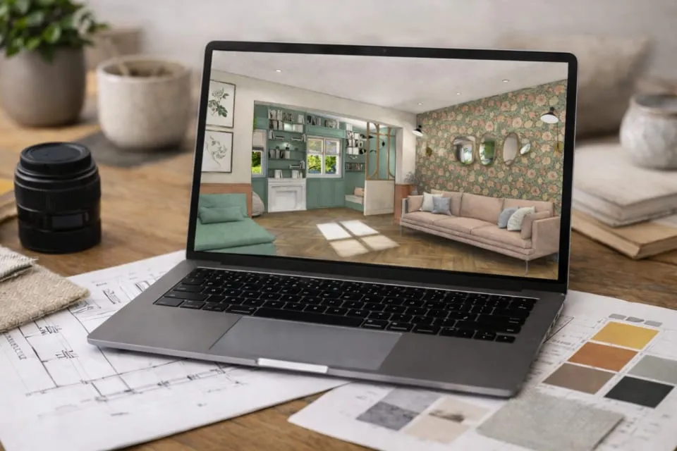 Ordinateur affichant un visuel 3D d'intérieur réalisé par STLrenove