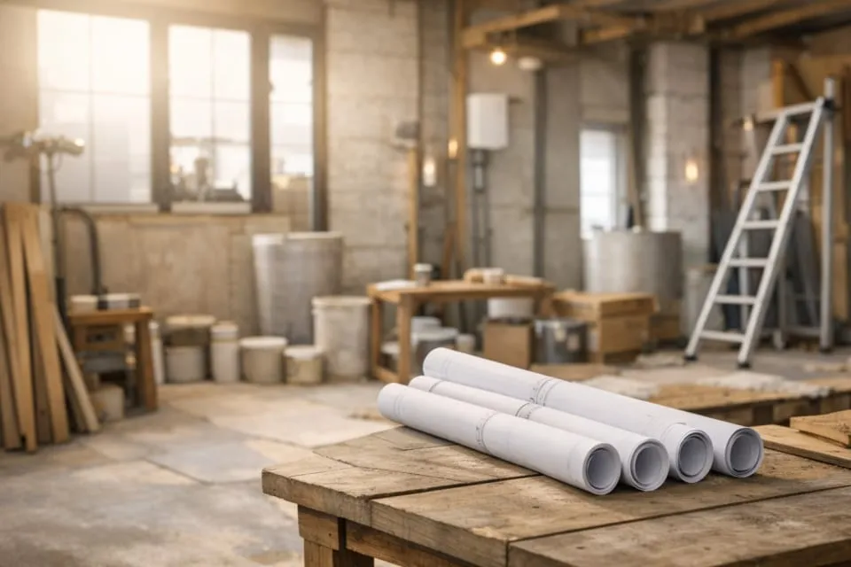 Plans de chantier ouverts sur un établi en bois, illustrant le parcours bâtiment d'Estelle Meignan