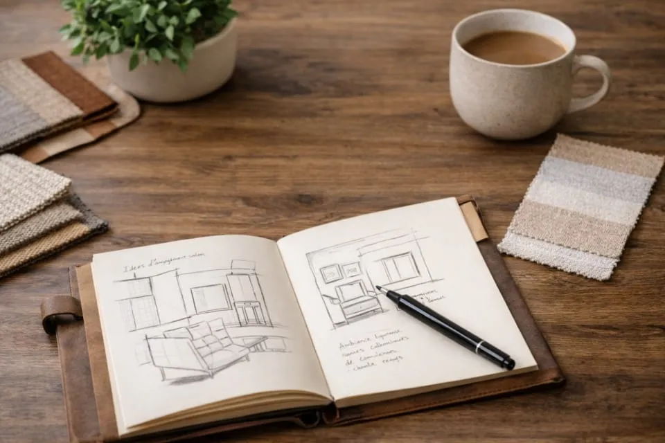Carnet de croquis d'aménagement intérieur et échantillons de tissus sur un bureau en bois